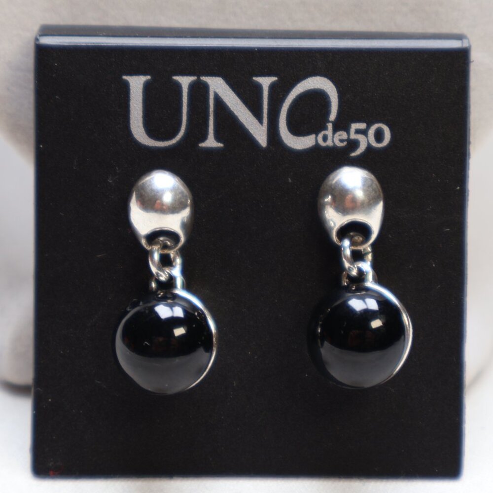 UNOde50 Silver Tone Ser Fascinante Black Glass Double Bead Earrings $110 - Picture 2 of 4